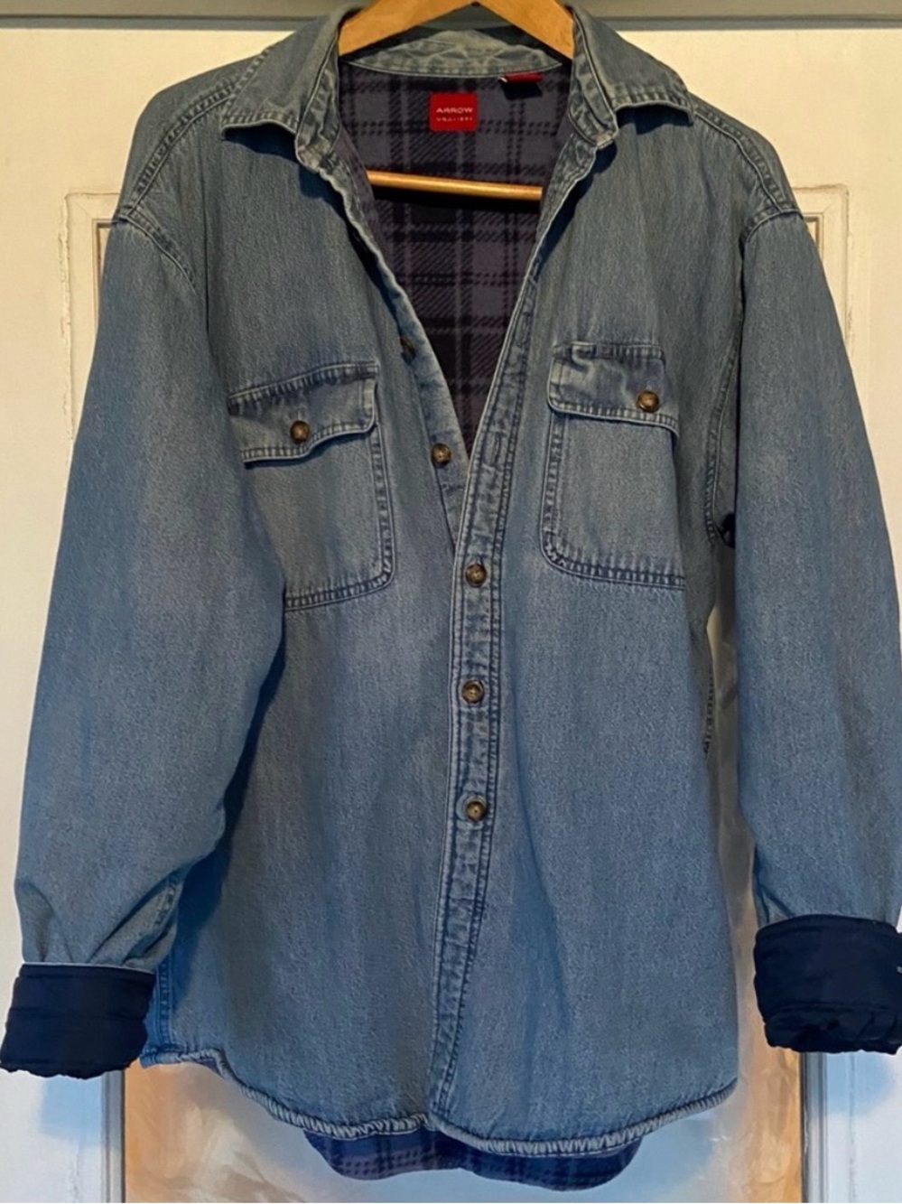 Vtg ‘90s Arrow Mens Large Denim Shacket Button Down Shirt Blue Fleece Lined